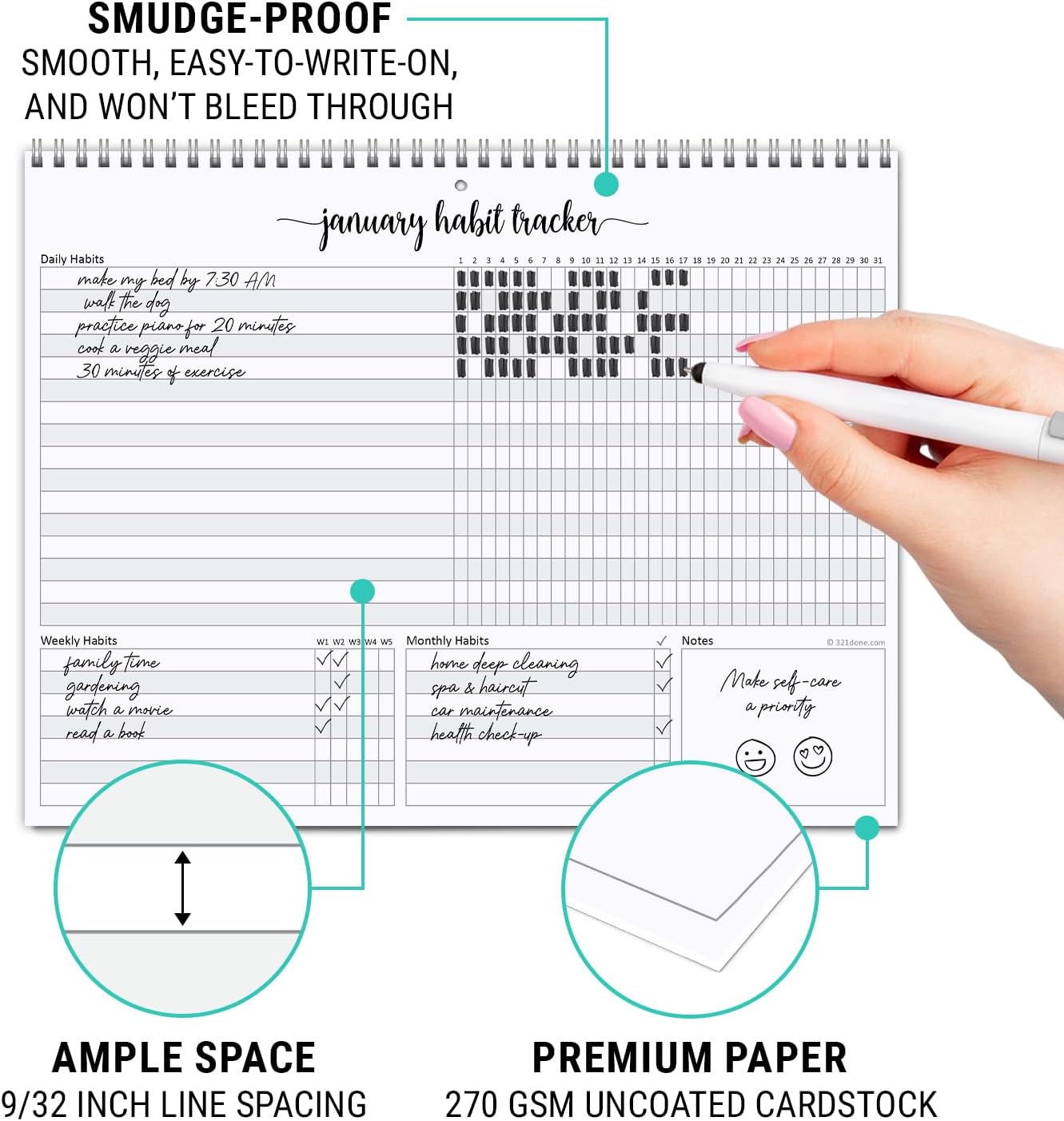 321Done Habit Tracker Calendar, Made in USA - 12 Months Wall Hanging Productivity Journal 8.5x11, Spiral Binding Undated Motivational Monthly Planner to Track Habits and Goals