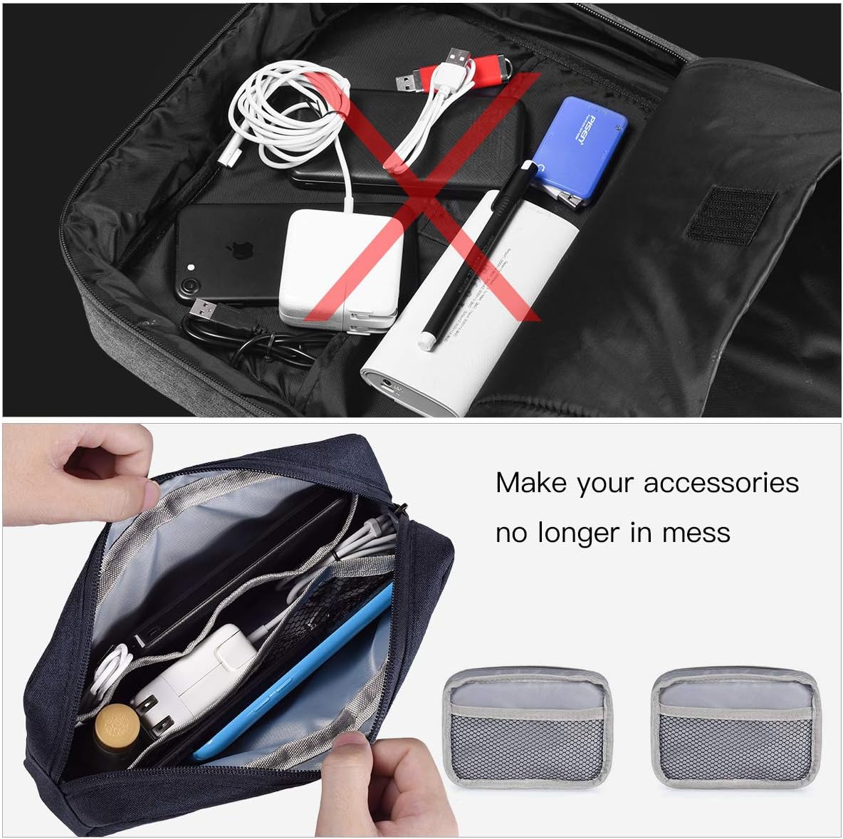 imComor Universal Electronics Accessories Case, 2-Pack Portable Soft Carrying Case Bag Wire Cable Organizer for Hard Drive, Power Adapter, Laptop Mouse, Cosmetics Kit, Small+Big-Black