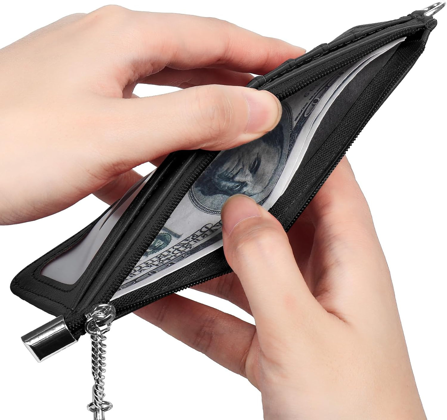 RFID Blocking Slim Credit Card Holder Wallet with Zipper Money Pocket & Keychain, Slim Airtag Wallet for Men Women