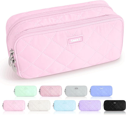 Sooez Large Pencil Case Pouch, Extra Big Pencil Bag with 8 Compartments, Pen Bag Wide Opening, Soft Quilted Pencil Pouch Organizer with Zipper, Portable Pencil Case for Teen Girls, Pink