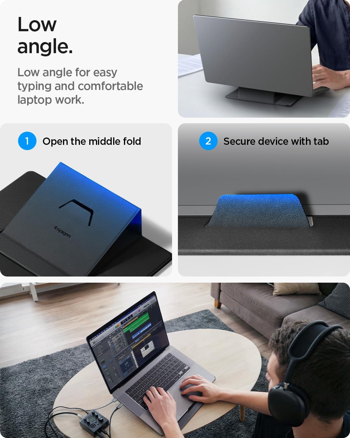 Spigen Slim Fold Portable Laptop Stand Keyboard Riser Foldable Ergonomic Angle Lift Anti-Slip Compatible with MacBook Neo, MacBook Air, MacBook Pro 11"-16" and iPad/Air/Pro and More - Black (LD201-S4)