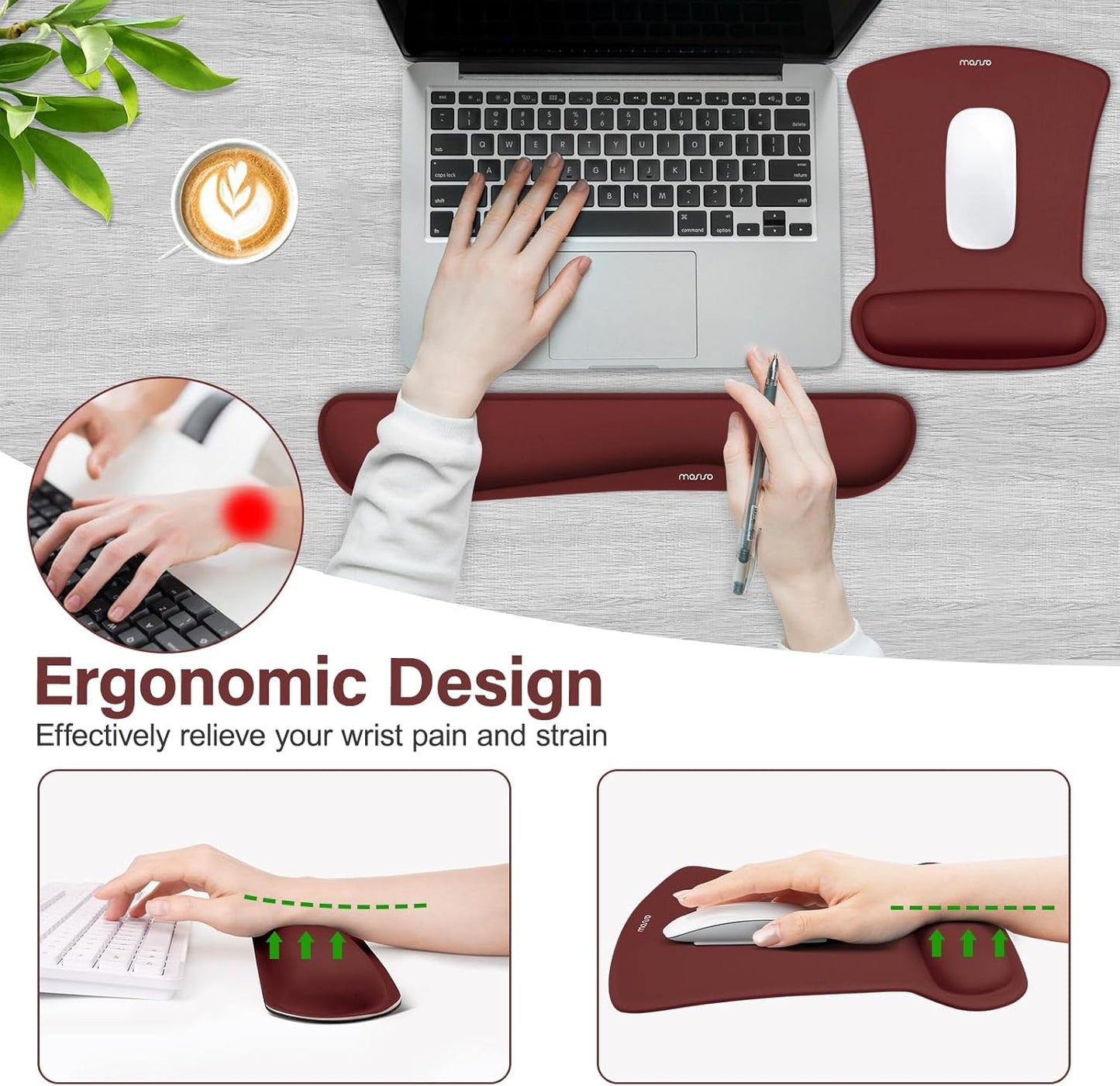 MOSISO Wrist Rest Support for Mouse Pad & Keyboard Set, Ergonomic Mousepad Non-Slip Base Home/Office Pain Relief & Easy Typing Cushion with Neoprene Cloth & Raised Memory Foam, Black
