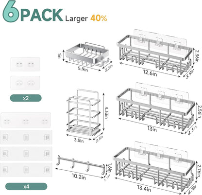 Veken Shower Caddy 6-Pack, Advanced Rustproof Design, No Drilling Adhesive Shelves, Rack with Soap Holder, Large Capacity Bathroom Organizers and Storage, Wall-Mounted Kitchen & Home Decor