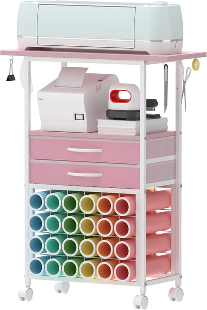 VENNQD Organizer and Storage Stand Compatible with Cricut Machines,Rolling Storage Cart/Shelf with 24 Vinyl Roll Holders，2 Fabric Drawer,Accessories Holder,Tool Hook for Craft Room Home (white)