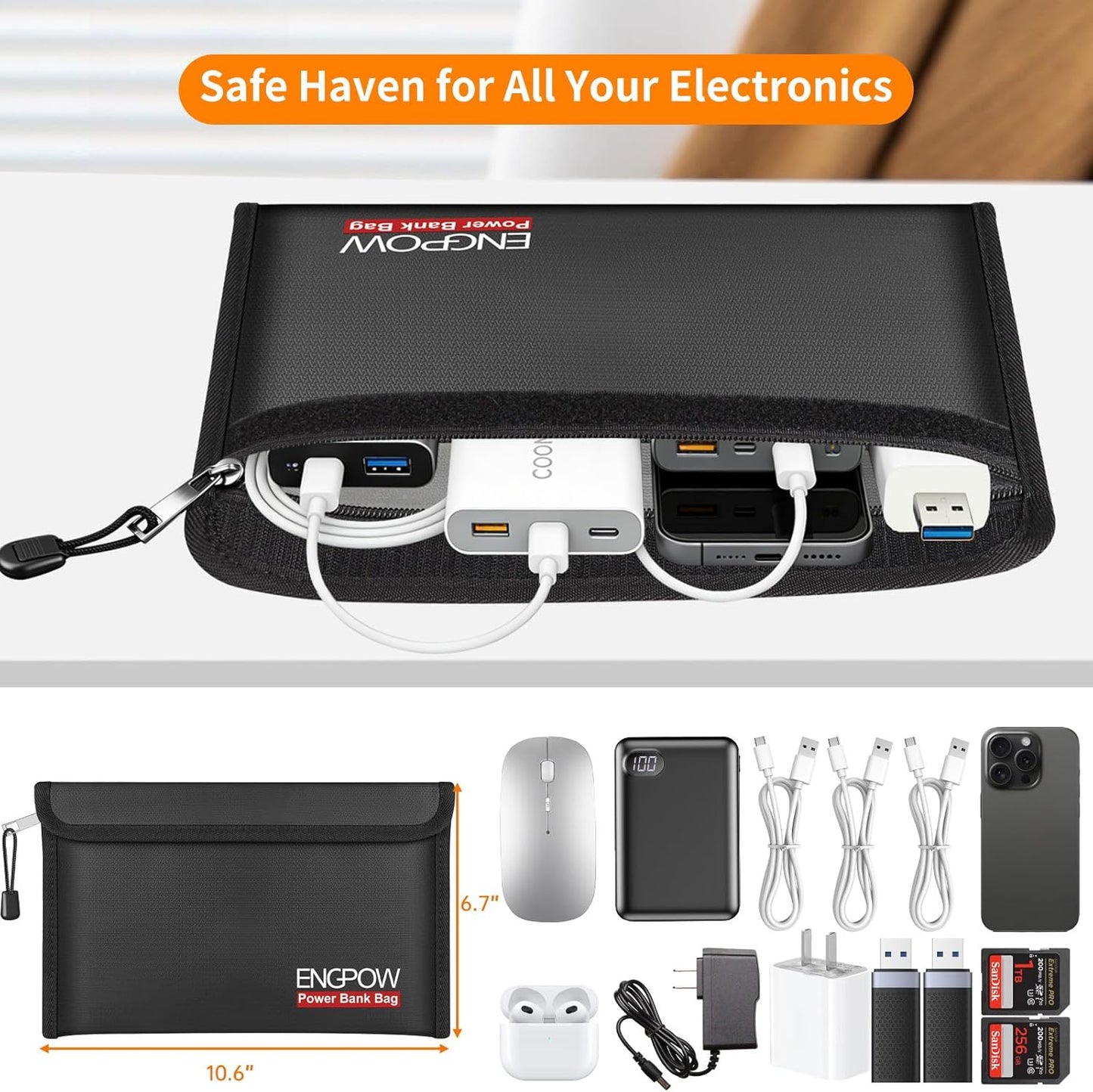 ENGPOW Fireproof Organizer Travel Bag,Heat Insulated＆Explosion-Proof Electronic Carry Case,Portable Home Travel Safe Storage for Power Bank,Phone,Cables,USB Drive＆Charging Protection, 10.6''x6.7''