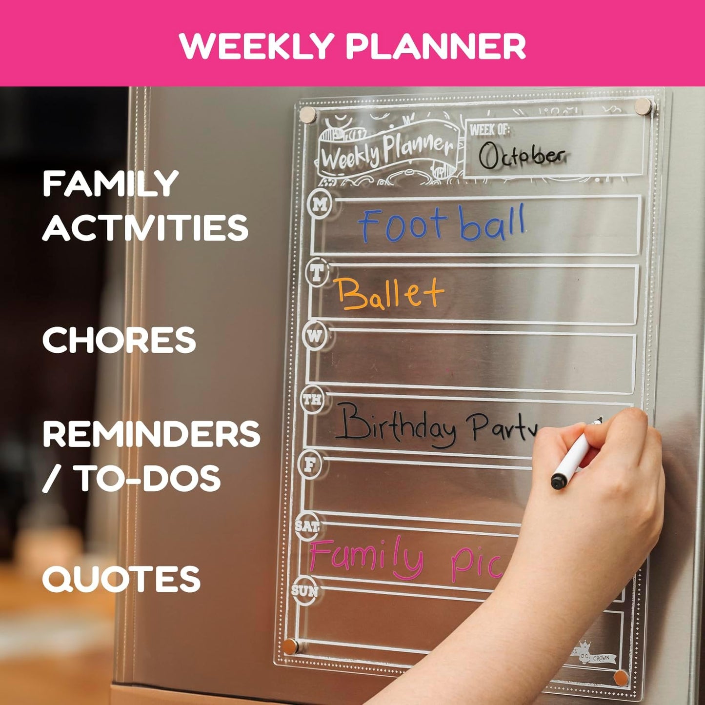 CHALKY CROWN Magnetic Dry Erase Menu Board for Fridge Includes 4 Liquid Chalk Markers - Weekly Meal Planner Blackboard, Grocery List & Notepad for Kitchen Refrigerator - Chalkboard Magnet 15.6" x11.6