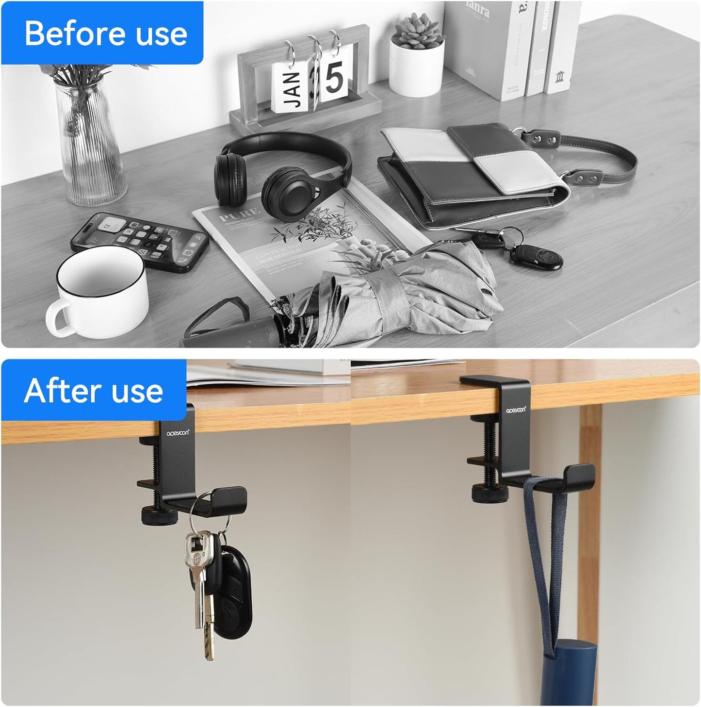 aceyoon Foldable Headphone Stand for Desk, Aluminum Headset Stand Clamp Hook Under Desk Space Save Mount, Headset Holder for Gaming Headphone, Office, Backpack, Bag, Purse Hanging (Black)