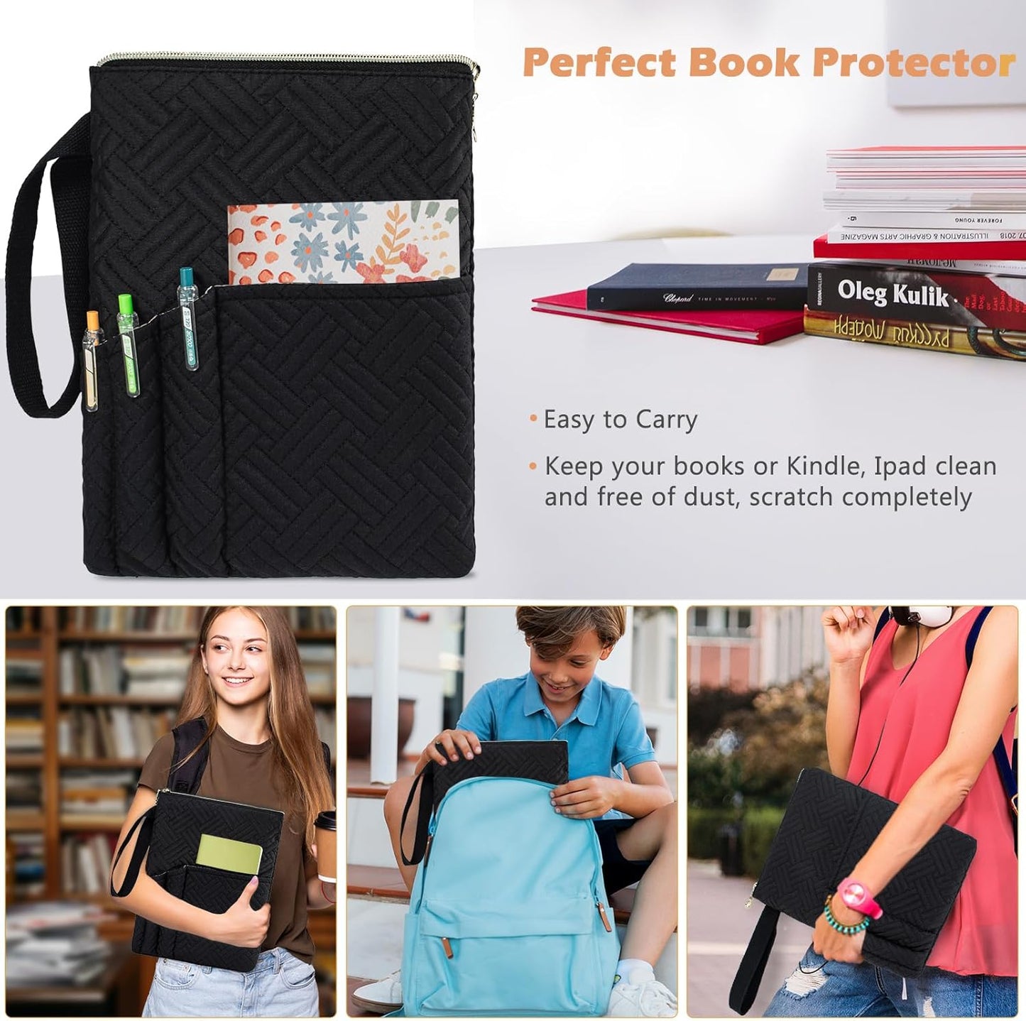 APLUFINE Book Sleeve with Zipper, 11"X9" Padded Book Protector, Washable Quilted Book Covers for Paperbacks, Book Pouch with Pockets for Book Lover Gifts