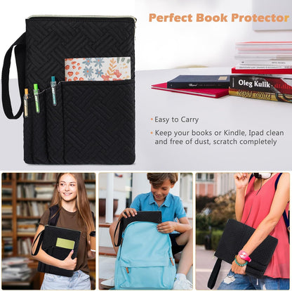 APLUFINE Book Sleeve with Zipper, 11"X9" Padded Book Protector, Washable Quilted Book Covers for Paperbacks, Book Pouch with Pockets for Book Lover Gifts
