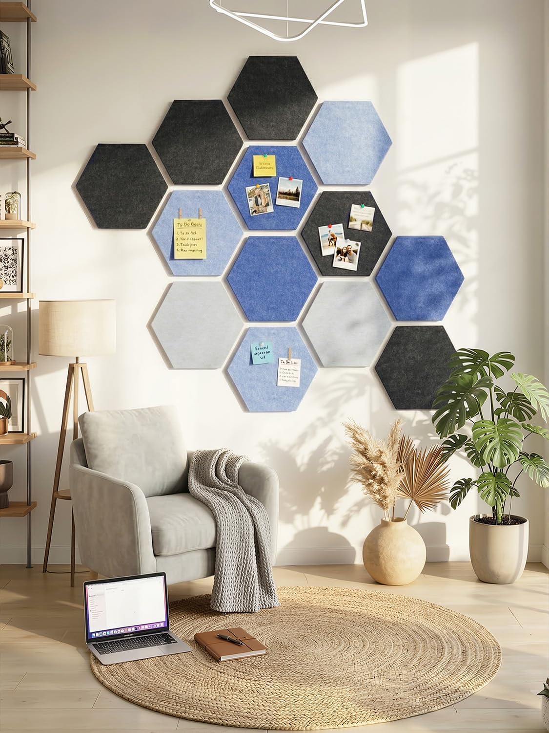 8 Pack Hexagon Felt Bulletin Board Tiles - 12" Large Thick Pin Board for Walls with 30 Push Pins, DIY Boards for Office Home School Decor, Aesthetic Hex Cork Board Alternative