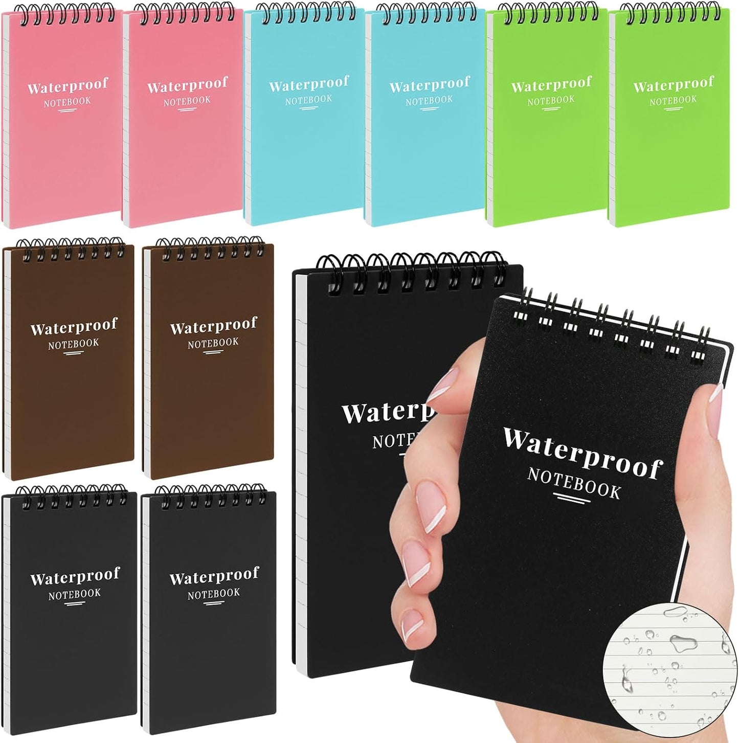 wavamawa 6 Pack Waterproof Pocket Notebooks, 3x5 Small Notepads, Mini Top Spiral Notebook, Lined College Ruled Paper, Tiny Memo Pads for Home, Office, Work, School, or Travel