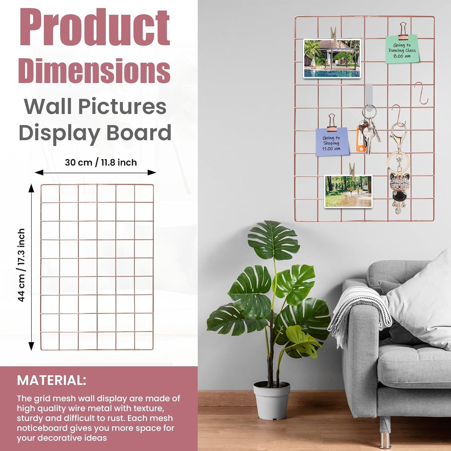 CIKLCIX Metal Grid Wall Panel, Wire Grid Photo Display Organizer, 17.3"×11.8" Gold Wire Board Grid Wall, Grid Picture Frame, 2-Pack Wire Mesh Memo Board With Clips and Hooks