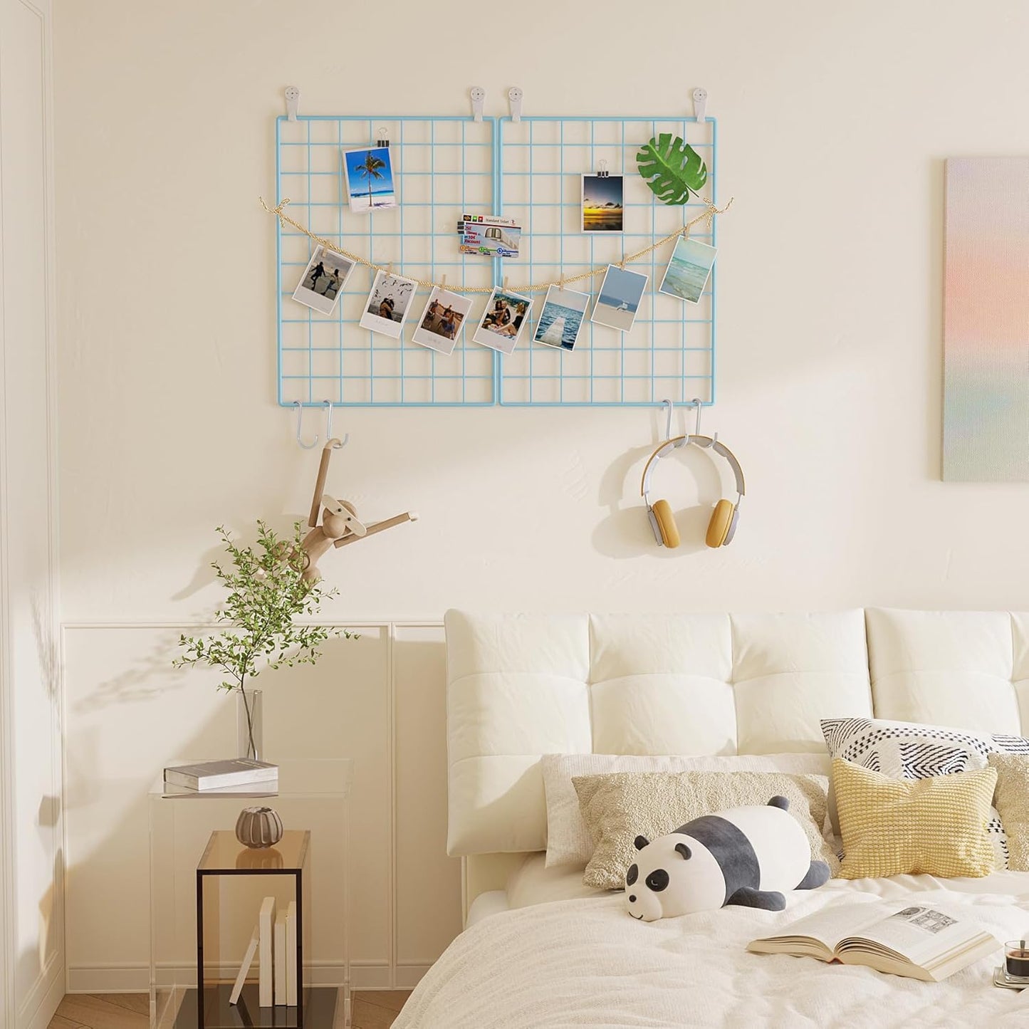C&AHOME Photo Wall Display Set of 2, Grid Panel with Hooks, Clips, Hemp Cord, Hammer - 15.7" x 11.8", White UWWGM3402W