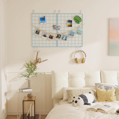 C&AHOME Photo Wall Display Set of 2, Grid Panel with Hooks, Clips, Hemp Cord, Hammer - 15.7" x 11.8", White UWWGM3402W
