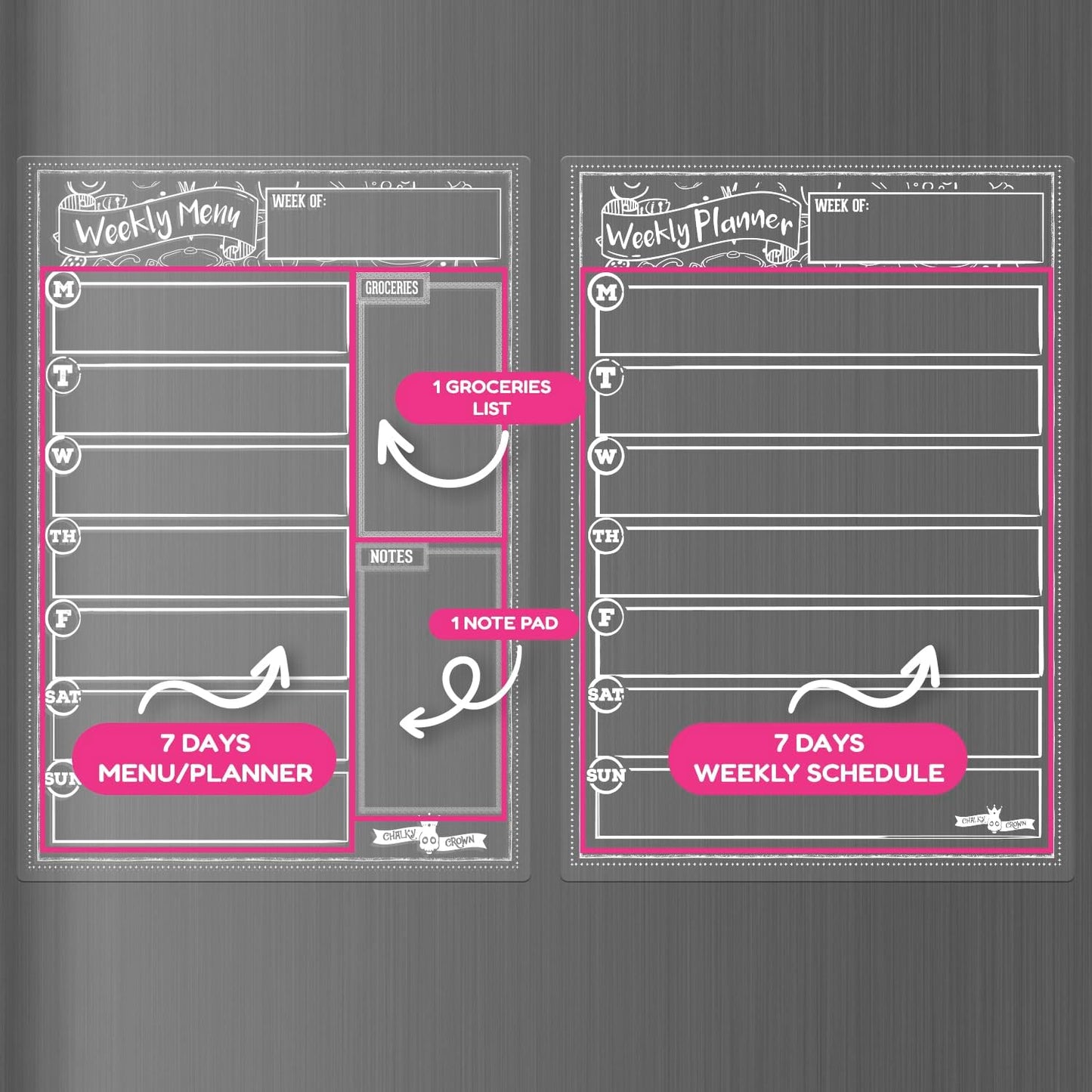 CHALKY CROWN Magnetic Dry Erase Menu Board for Fridge Includes 4 Liquid Chalk Markers - Weekly Meal Planner Blackboard, Grocery List & Notepad for Kitchen Refrigerator - Chalkboard Magnet 15.6" x11.6