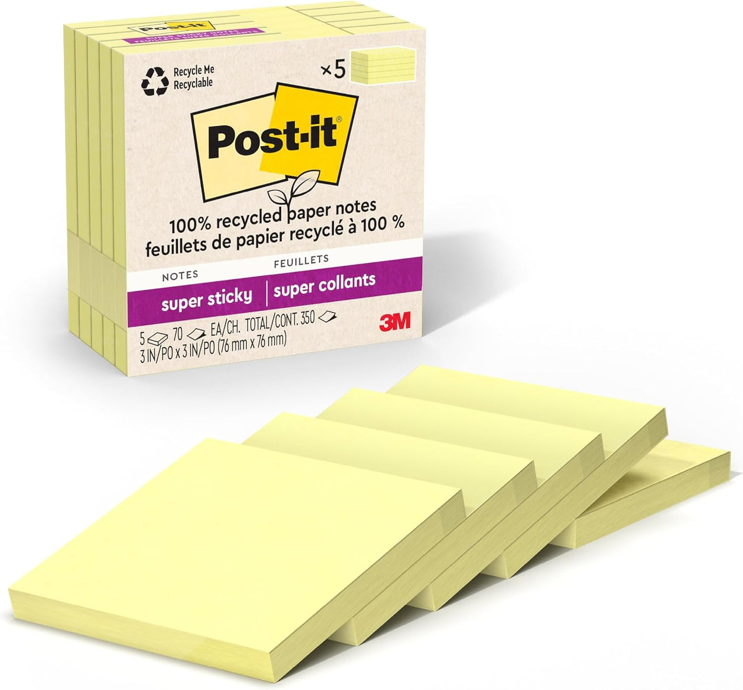 Post-it 100% Recycled Paper Super Sticky Notes, 3 in. x 3 in., 5 Pads, 70 Sheets per Pad, Wanderlust Pastels, School Supplies and Office Products