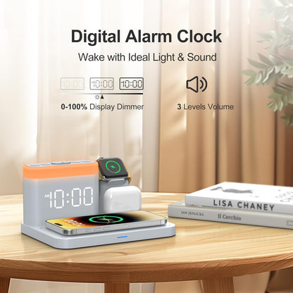 ANJANK Wireless Charging Station,5 in 1 Multiple Charger Stand with Alarm Clock,7 Night Light,Magnetic Charging Dock for iPhone 17 16 15 14 13 12 Pro Max Plus,Apple Watch 11/10/9/8,for Airpods,Bedroom
