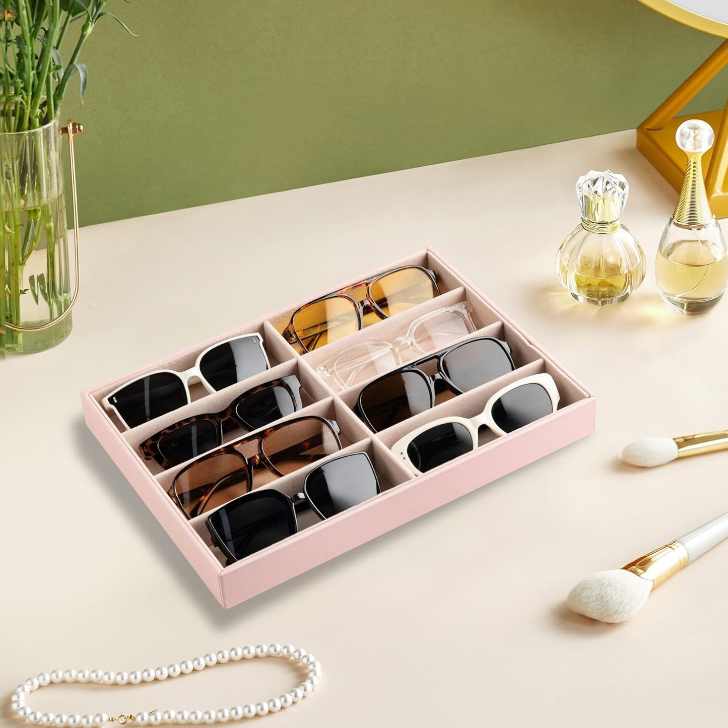 Frebeauty Sunglass Organizer,PU Leather Glasses Organizer,8-Slot Sunglasses Tray,Men's/Women's Sunglasses Box,Sunglass Case,13.3 x 9.6 x 1.5 Inches,Eyeglass/Eyewear Display Tray(Grey)