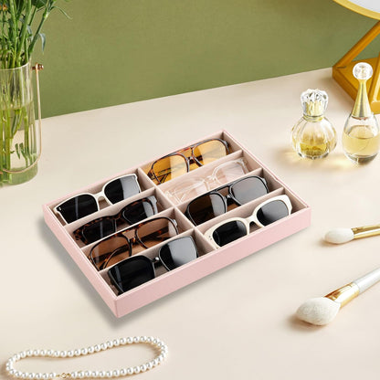 Frebeauty Sunglass Organizer,PU Leather Glasses Organizer,8-Slot Sunglasses Tray,Men's/Women's Sunglasses Box,Sunglass Case,13.3 x 9.6 x 1.5 Inches,Eyeglass/Eyewear Display Tray(Grey)