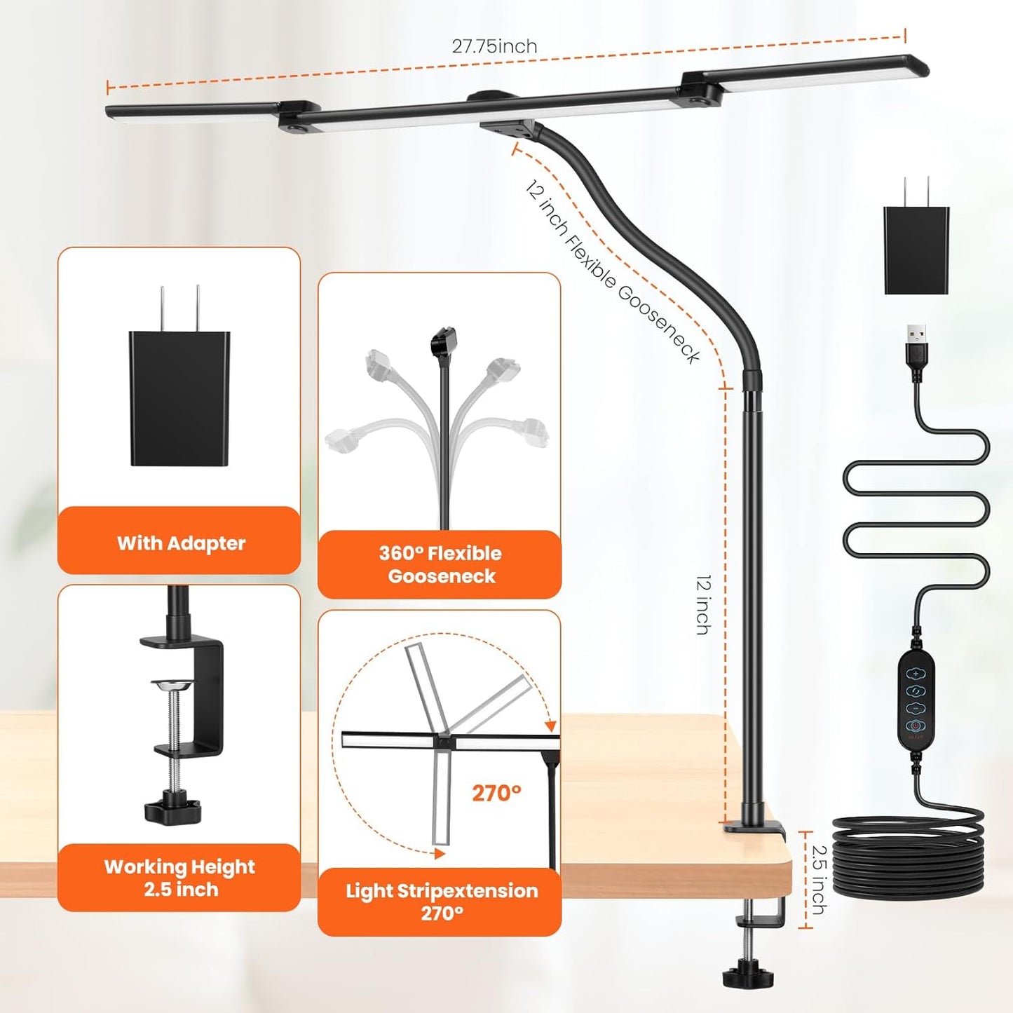 LED Desk Lamp for Office Home, 3 Head Adjustable Computer Monitor light Bar Stepless Dimming, Eye Caring Architect Desk Lamp Table Lamp Clip on Desk Light with Clamp for Reading Study Workbench Black