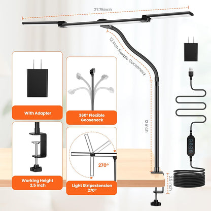 LED Desk Lamp for Office Home, 3 Head Adjustable Computer Monitor light Bar Stepless Dimming, Eye Caring Architect Desk Lamp Table Lamp Clip on Desk Light with Clamp for Reading Study Workbench Black