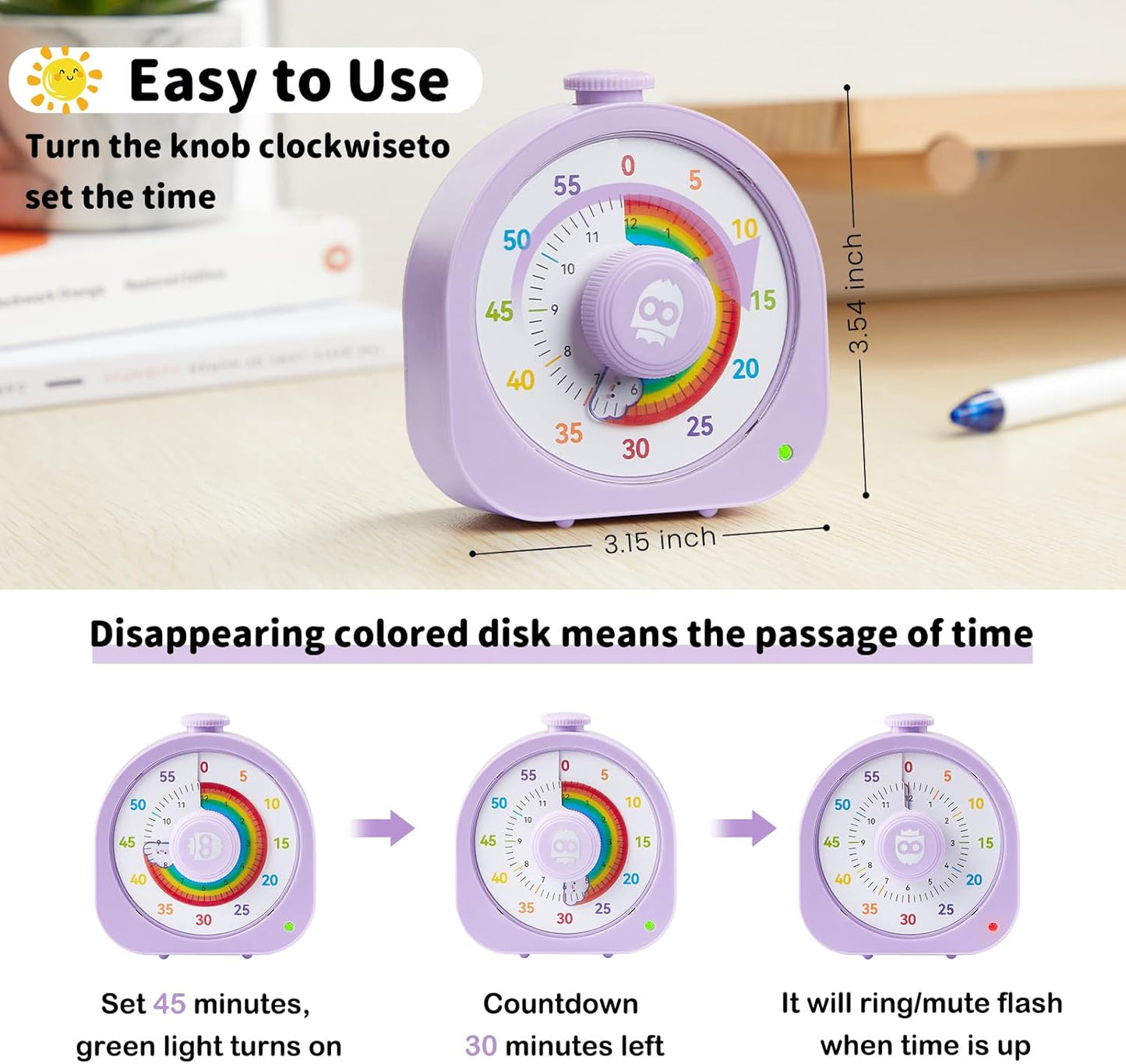 Visual Timer for Kids and Adults 60 Min/12 Hour Rechargeable Countdown Timer with Magnetic Sticker and Mute Function Kids Pomodoro Timers for Classroom Office Kitchen Silent Operation & Rainbow Disk