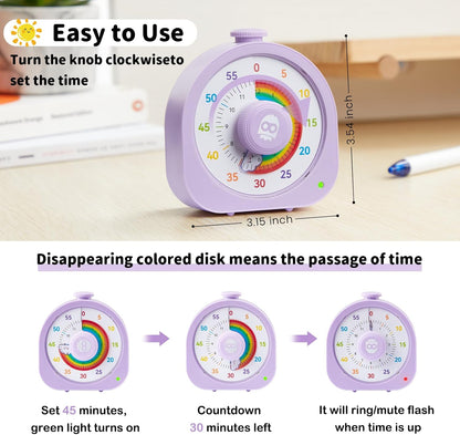 Visual Timer for Kids and Adults 60 Min/12 Hour Rechargeable Countdown Timer with Magnetic Sticker and Mute Function Kids Pomodoro Timers for Classroom Office Kitchen Silent Operation & Rainbow Disk