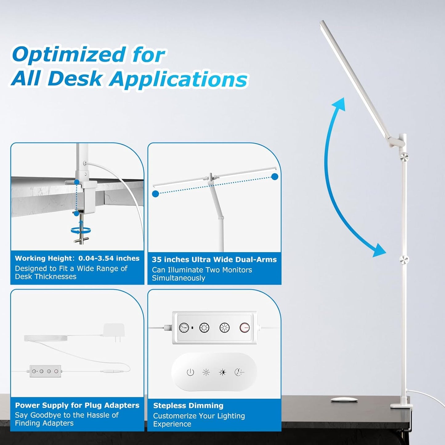 Airlonv LED Desk Lamp for Office Home, Eye-Caring Desk Light with Stepless Dimming Adjustable Flexible Gooseneck, 10W USB Adapter Desk Lamp with Clamp for Reading, Study, Workbench (Black)