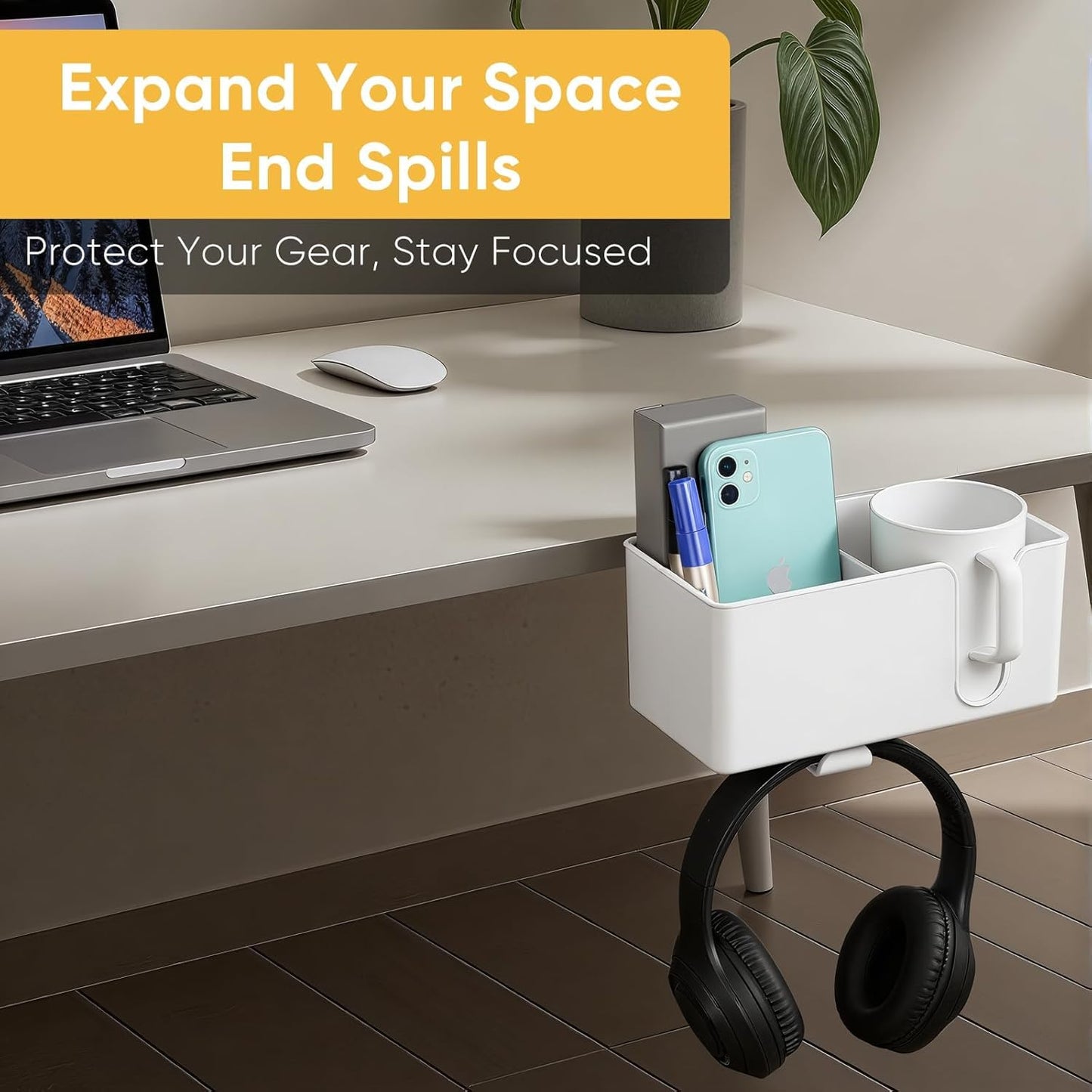 4-in-1 Clip On Desk Cup Holder, Fits up to 40oz cups - Mountable Holder with Adjustable Divider & 360° Rotating Hook - No Spill Clamp On Drink Holder Attachment - for Desk Chair Table Bed Tray - Black
