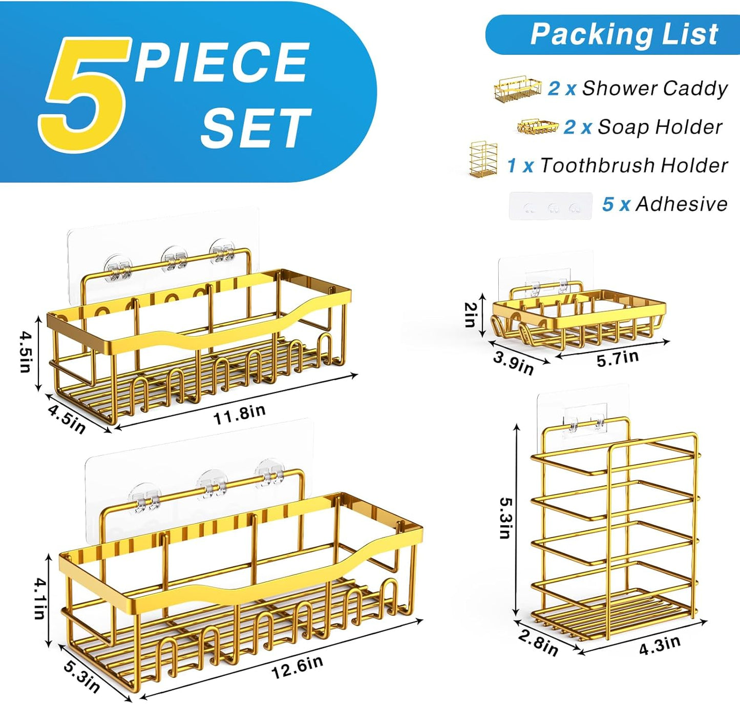 EUDELE Adhesive Shower Caddy, 5 Pack Rustproof Stainless Steel Bath Organizers With Large Capacity, No Drilling Shelves for Bathroom Storage & Home Decor