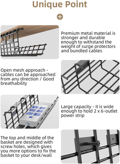 2 Pack DELAMU Under Desk Cable Management Tray, Large Metal Cord Organizer, Office & Home Cord Wire Management Under Desk Shelf, Easy Install Pre-drilled Cable Organizer, Black