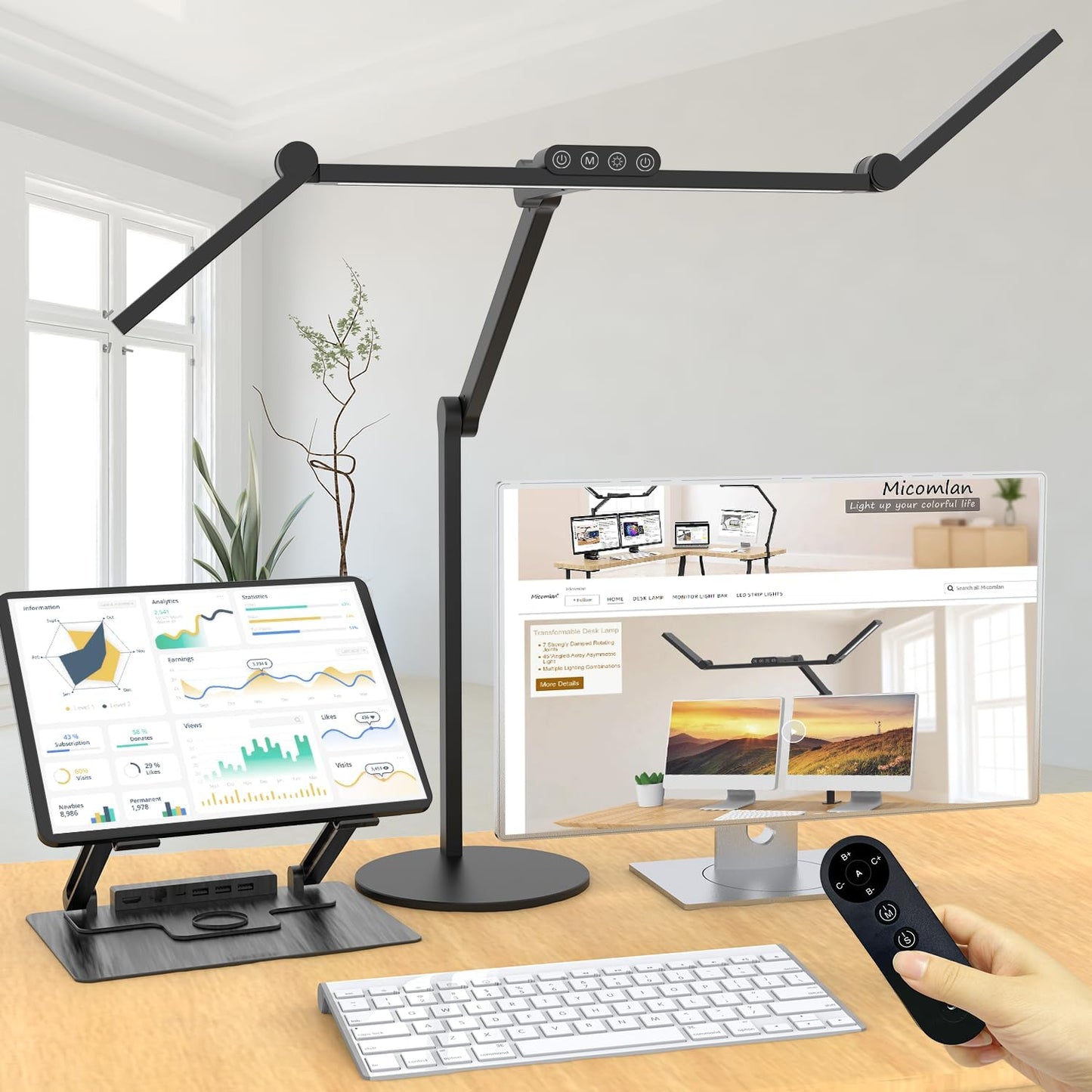Micomlan Architect Desk Lamp for Home Office, 24W Adjustable Led Desk Light with Remote, 1500LM Bright Dimmable Computer Table Light Rotatable Office Lamp with Base for Cafting Monitor