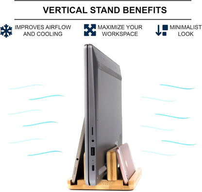 S&A WOODCRAFT 3 Slots Bamboo Wood Vertical Laptop Stand, Adjustable Wooden Laptop Holder, Non-Slip Laptop Dock Compatible with Apple MacBook, Microsoft Surface, Gaming Laptops, IPad, Tablets