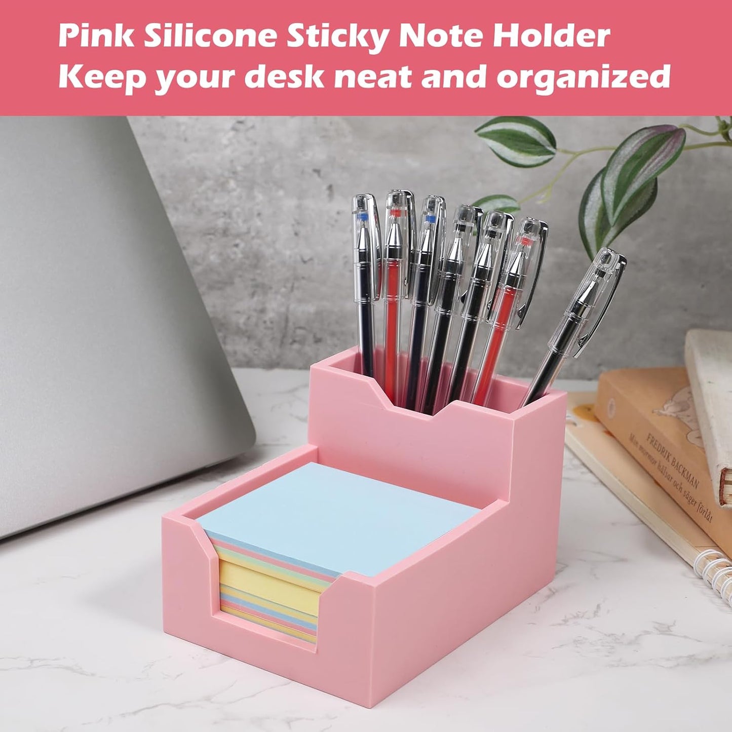 Kamehame Black Sticky Note Holder, Silicone Memo Holder with Pen or Card Slots, Sticky Note Dispenser, Fits 3x3 Inches Sticky Notes