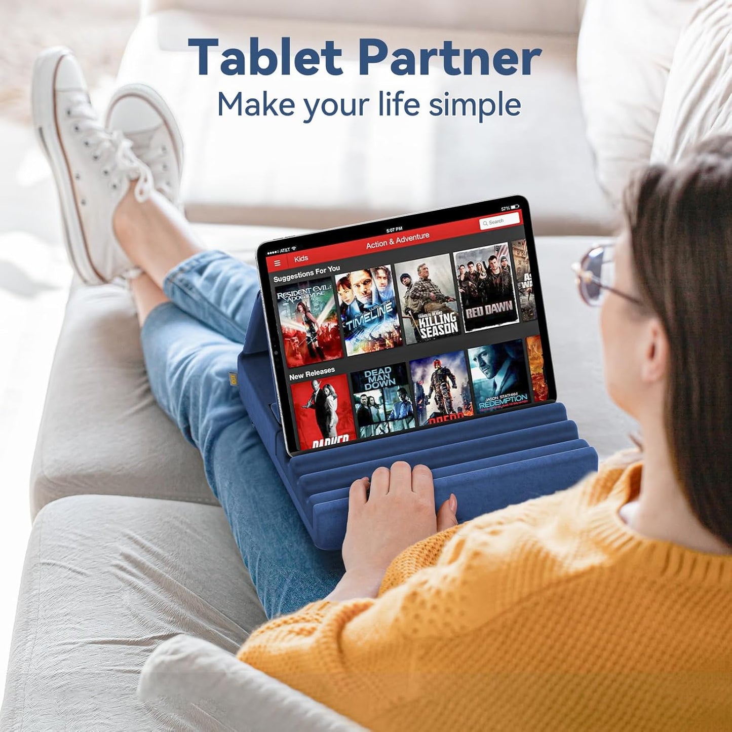 KDD Tablet Pillow Holder, Foldable iPad Stand for Lap, Bed and Desk -Tablet Soft Pad Dock with Pocket & Stylus Mount Compatible with iPad Pro 12.9, 10.5, 9.7 Air Mini 6 5 4 3, Galaxy Tab, E-Reader