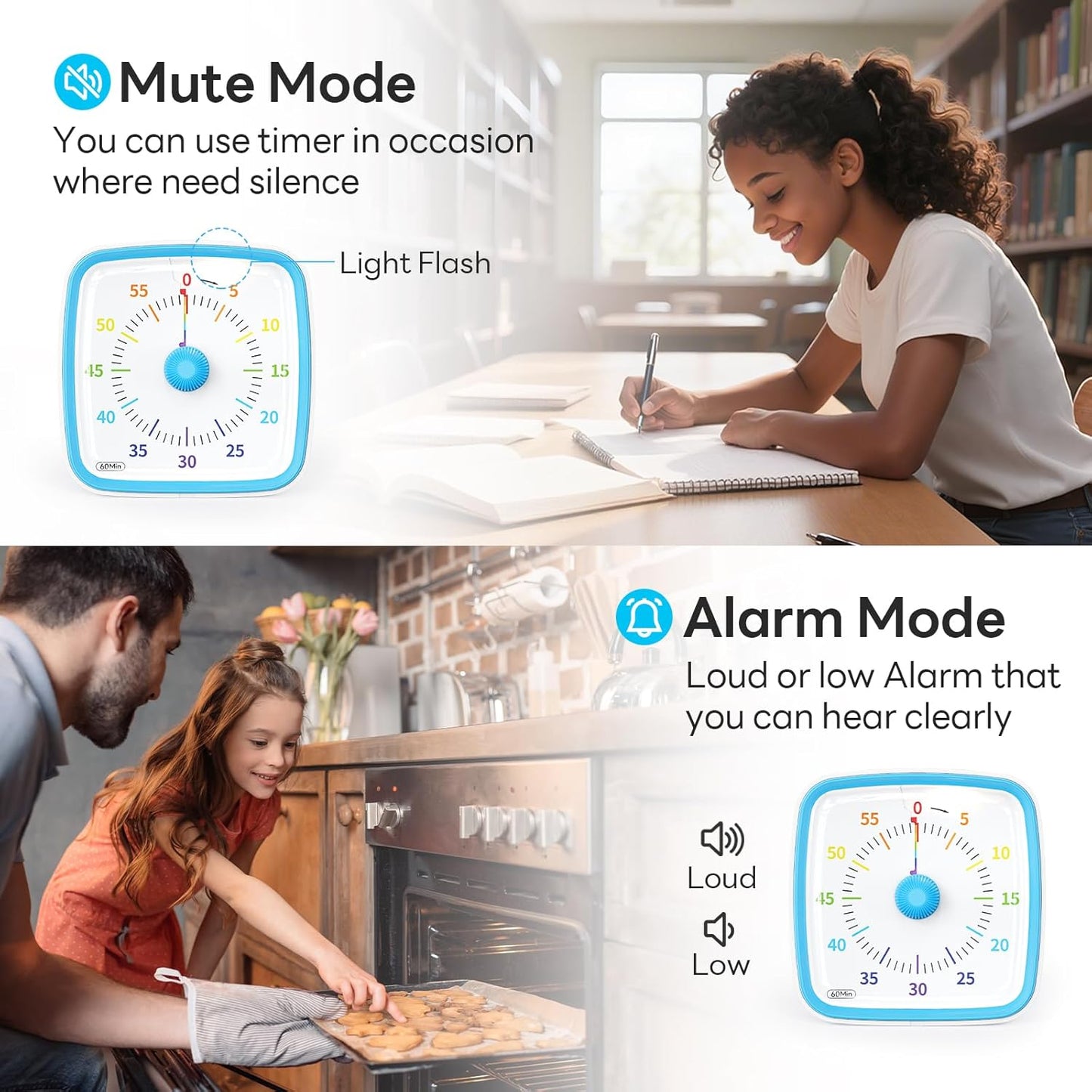 Yunbaoit Visual Timer with Night Light, 60-Minute Countdown Timer for Kids and Adults, Silent Classroom Timer, Time Management Tool for Home, School, or Work (Light Blue)