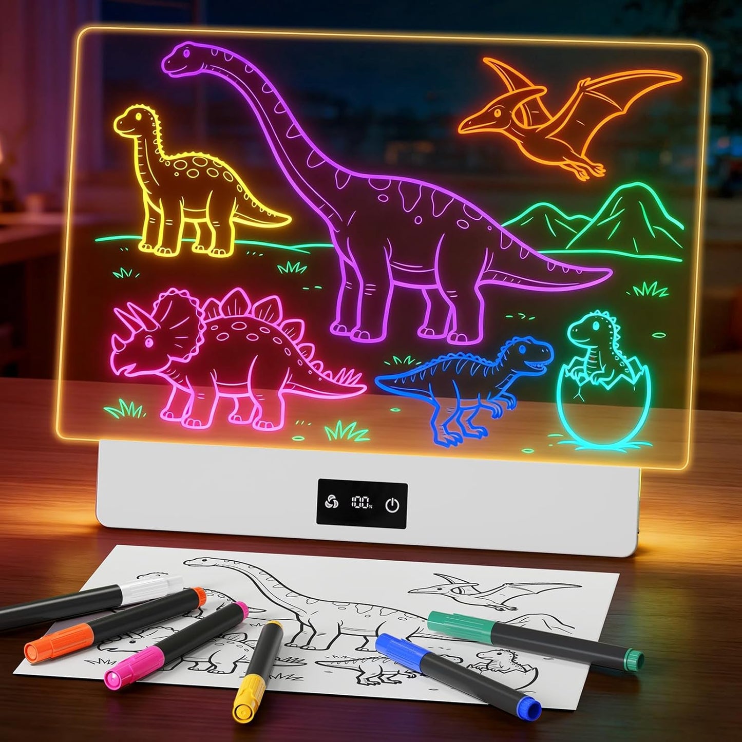 16" LED Drawing Board for Kids, USB-C Rechargeable Neon Glow Pad for Tracing & Creative Play,2000mAh Battery with 72h Runtime, Anti-Scratch 5H Acrylic Surface,7 Markers & A4 Tracing Paper Kit