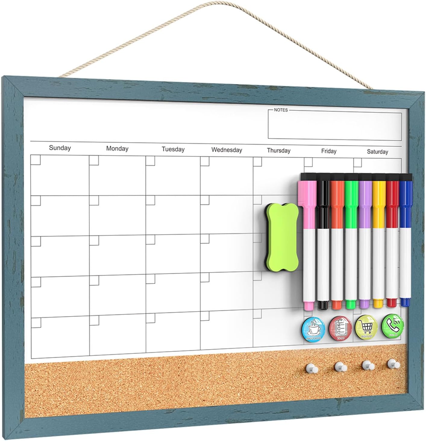 Calendar Whiteboard for Wall, TANKEE 17x13 Inches Whiteboard Calendar Cork Board Combo, Small Magnetic White Board with Wood Framed, Hanging Dry Erase Board for Kitchen Home Office School Planner