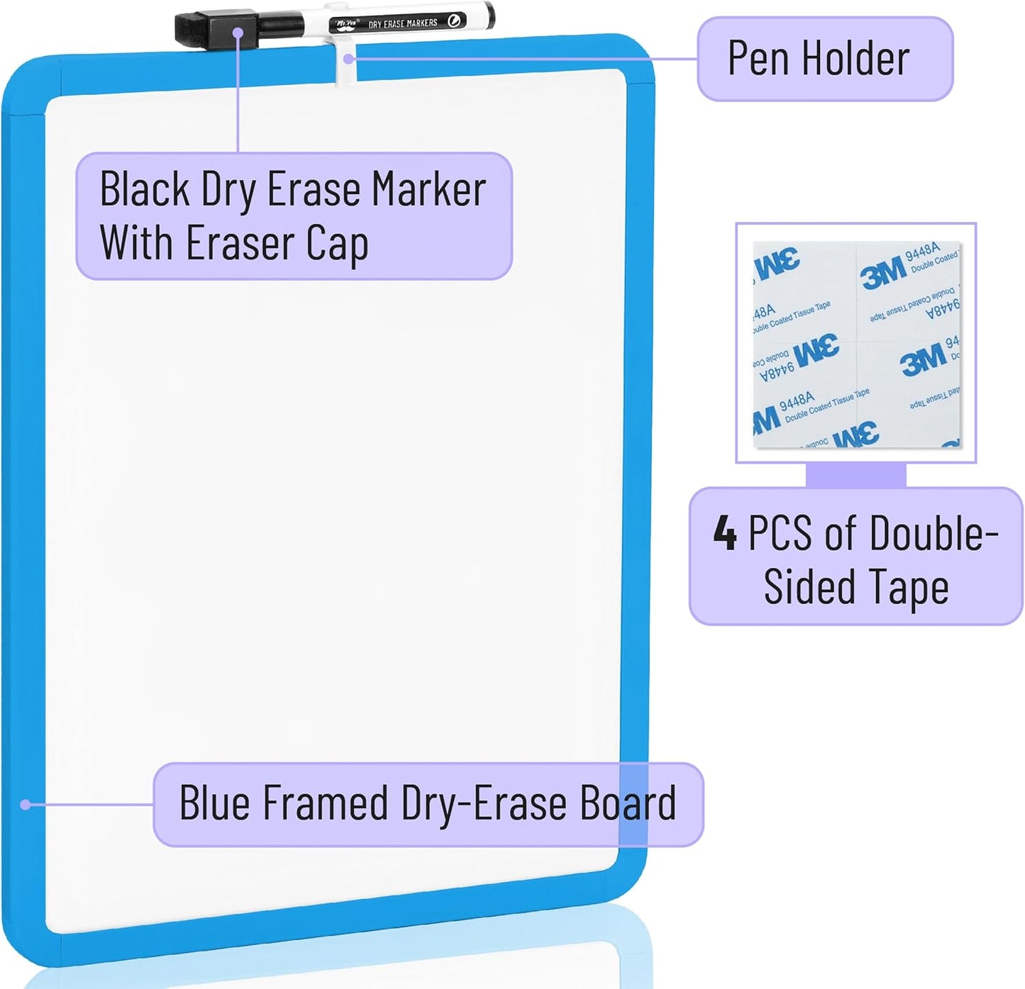 Mr. Pen- Dry Erase Board, 14” x 11” with a Black Dry Erase Marker, White Frame, Small Mini White Board for Students, Fridge, Wall, Locker, Includes Double Sided Tapes