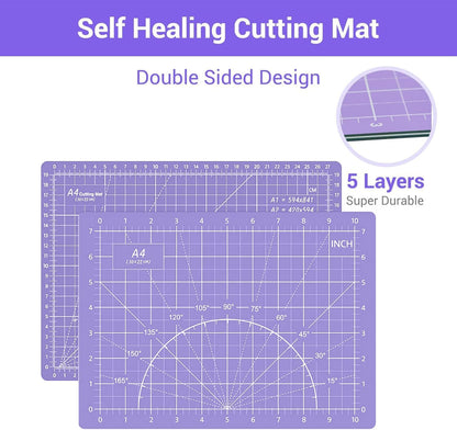 Headley Tools Rotary Cutter Set - 45mm Fabric Cutter, 5 Extra Rotary Blades, A3 Cutting Mat, Quilting Ruler and Sewing Clips, Craft Knife Set, Ideal for Crafting, Sewing, Patchworking, Purple