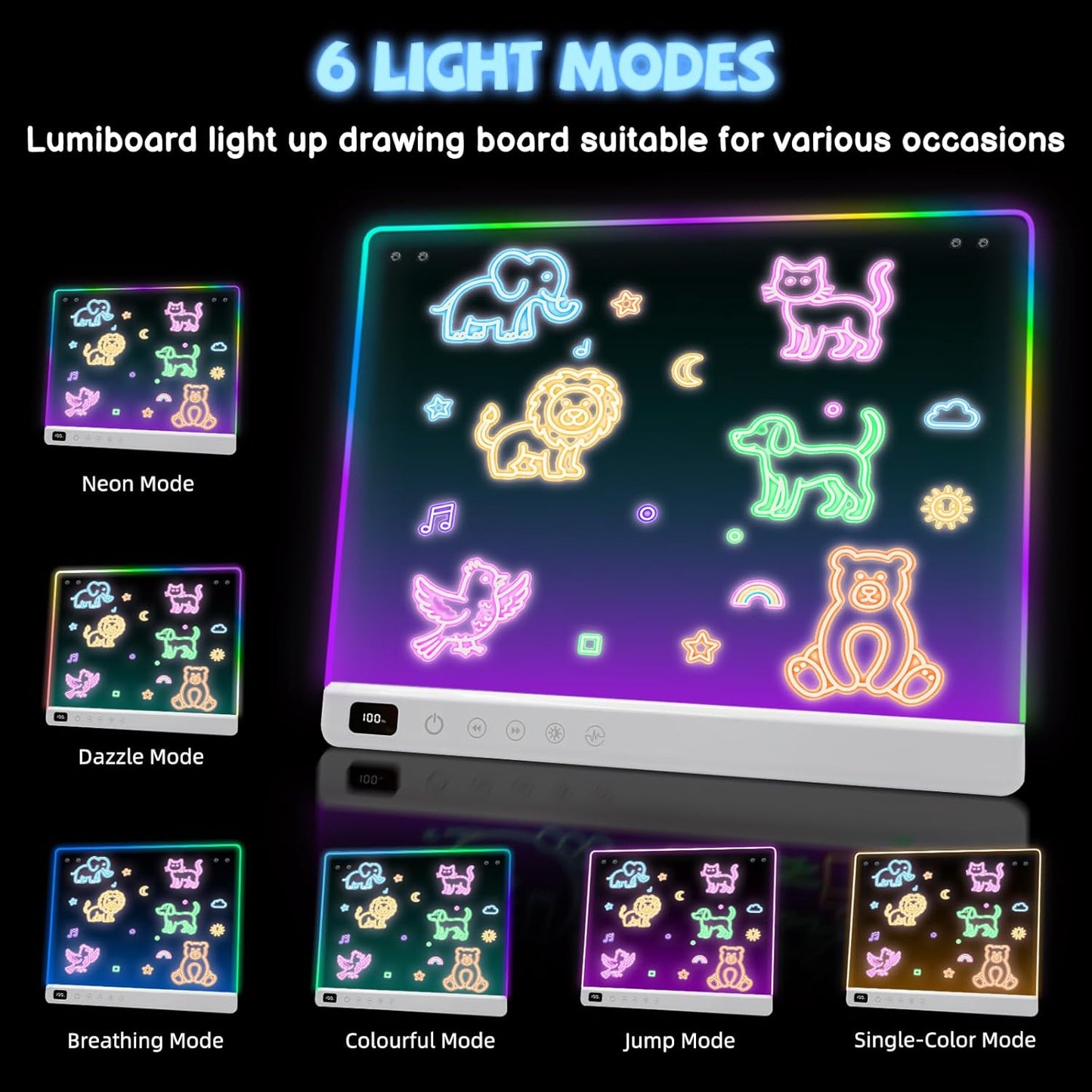 16" Rechargeable LED Drawing Board for Kids, Doodle LED Note Board with Colors, Neon Light Up Drawing Board with Markers&Tracing Paper, Creative Easter Birthday Christmas Gift Ideas