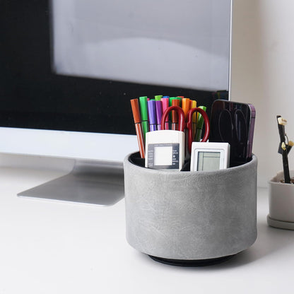 Round Leather Art Supply Organizer,Remote Control Holder,360 Degree Rotating,Multi-Functional Pencil Holder,4 Compartments Desktop Stationary Organizer(1-Fractal Flower) | Round - Colors C