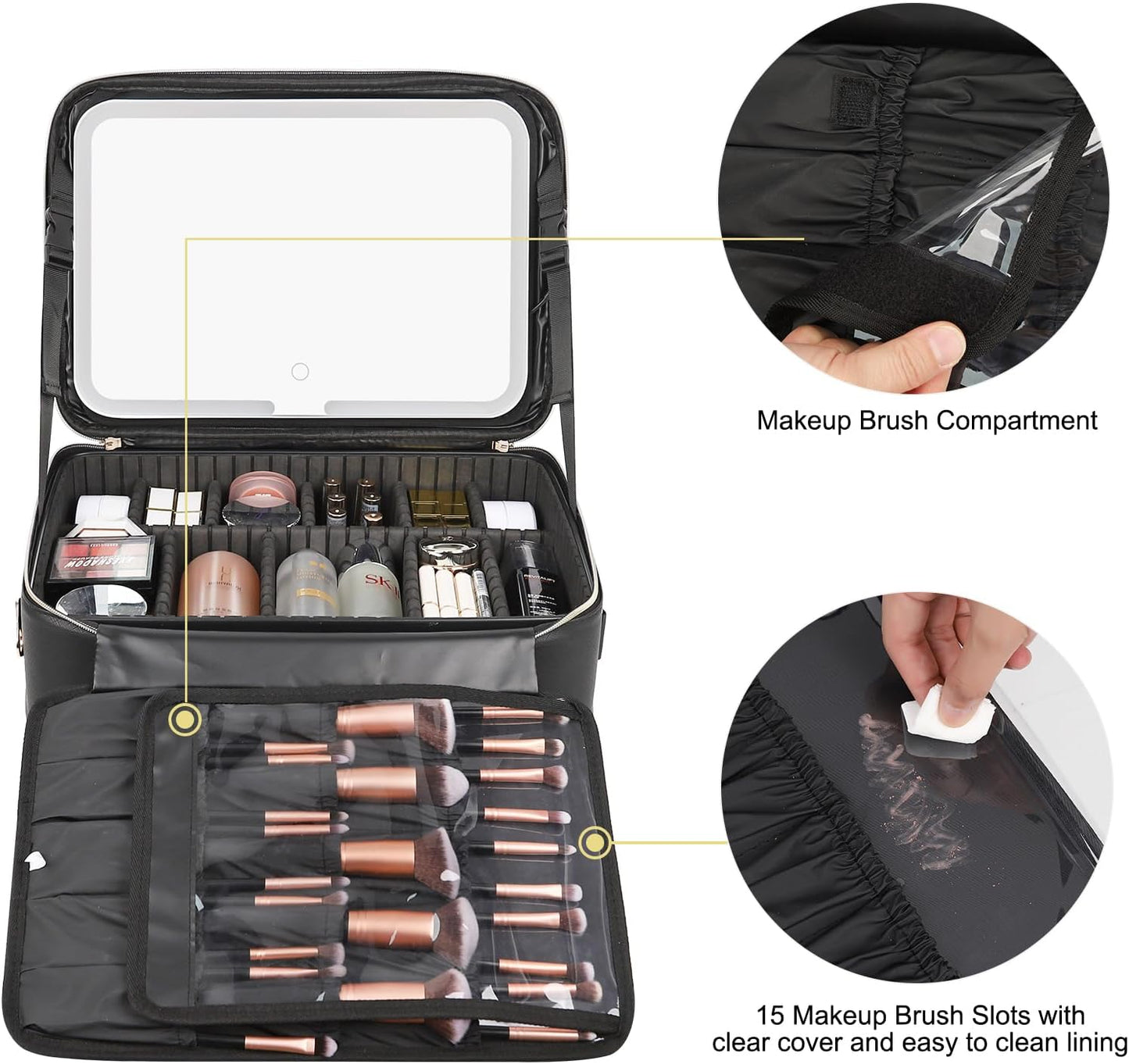 Relavel Makeup Case Large Makeup Bag Professional Train Case 16.5 inches Travel Cosmetic Organizer Brush Holder Waterproof Makeup Artist Storage Box, 3 Layer Large Capacity, with Adjustable Strap