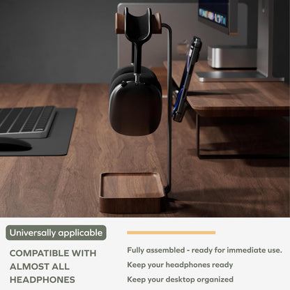 muso wood Walnut Headphone Stand, Wood Headset Stand with Storage Base, Headphones Holder for Gaming, Office, and Home Desk - Compatible with AirPods Max, Bose, Razer (Black)