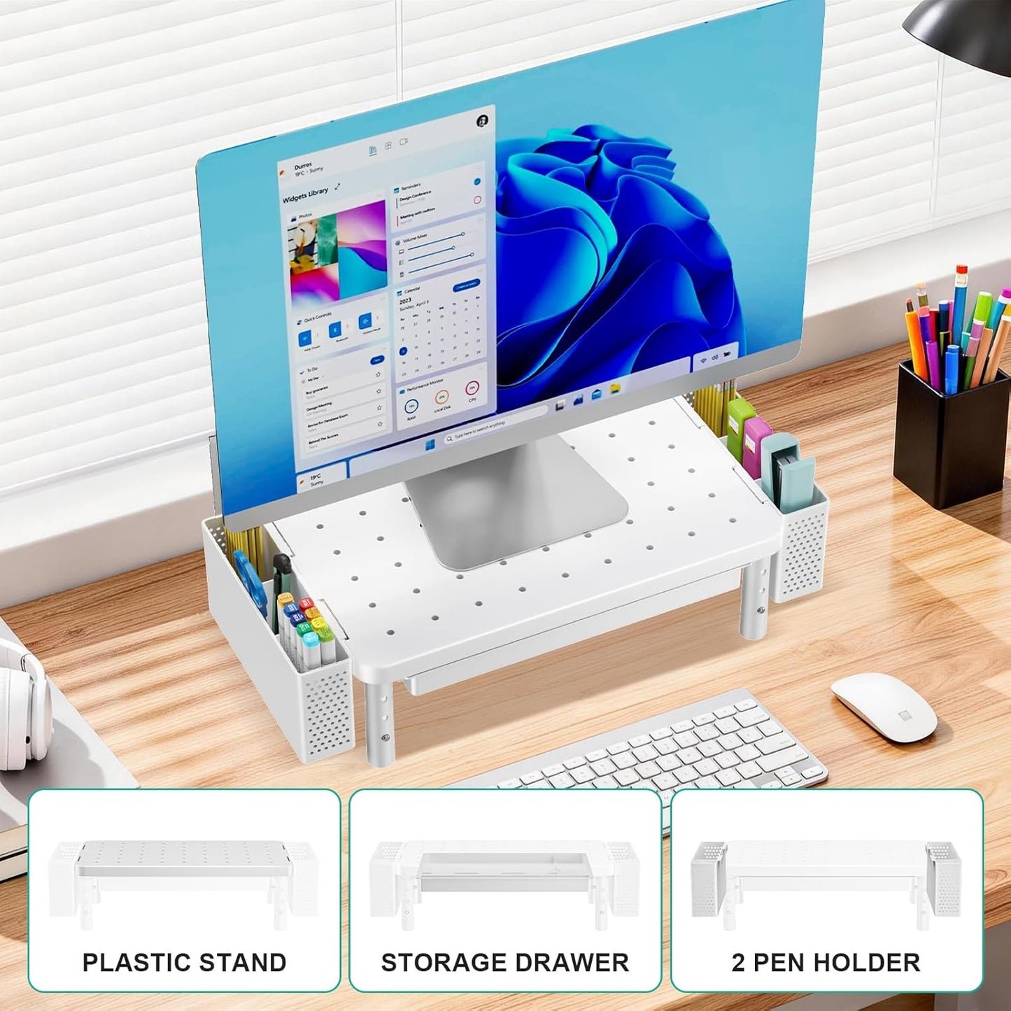 WALI Monitor Stand Riser with Drawer and 2 Pen Holders, Desk Organizers and Accessories for Computer, Printer, Laptop Stand for Home Office Supplies, (PTT004-B), 1 Pack, Black