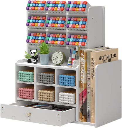 Pen organizer for desk,Marker organizer,Pen holder with drawer,Pencil Holder,with 15 Compartments and 1 Drawer, 1 File Holder Multi-Functional Desk Organizers (White)