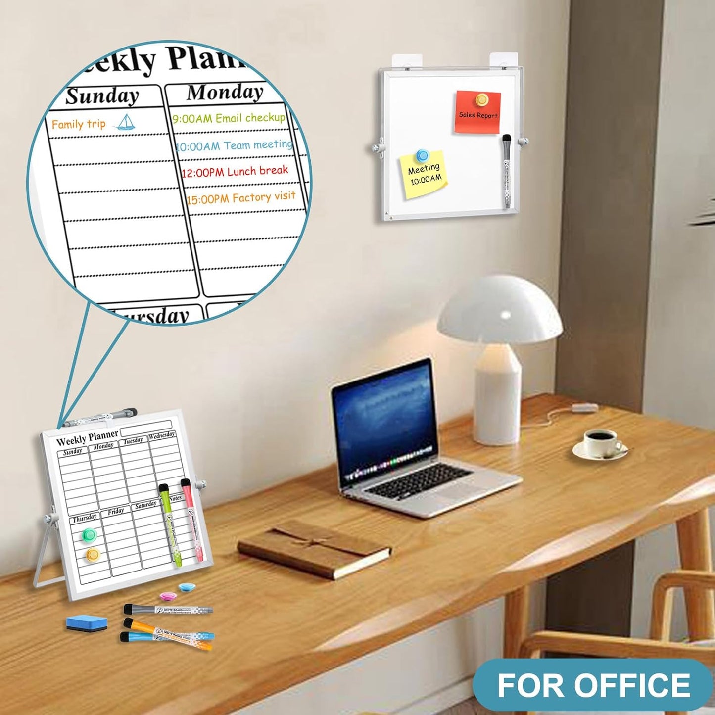 Magnetic Dry Erase White Board with Stand, 10" x 10" Double-Sided Desktop Whiteboard, Mini Portable Weekly Calendar Planner Board Set with 6 Markers, 4 Magnets, 1 Marker Holder & 1 Eraser