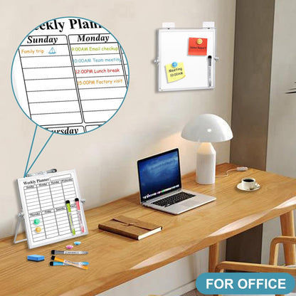 Magnetic Dry Erase White Board with Stand, 10" x 10" Double-Sided Desktop Whiteboard, Mini Portable Weekly Calendar Planner Board Set with 6 Markers, 4 Magnets, 1 Marker Holder & 1 Eraser