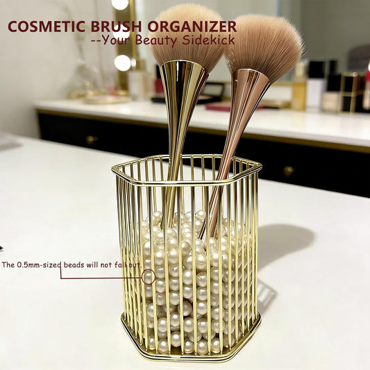 Gold Metal Pen Holder for Desk - Heavy Duty Makeup Brush Organizer Cup with, Pencil Holder for Office & Home, Storage for Stationery/Cosmetics/Art Supplies, Matte Finish, 4.8 Inch (Round)