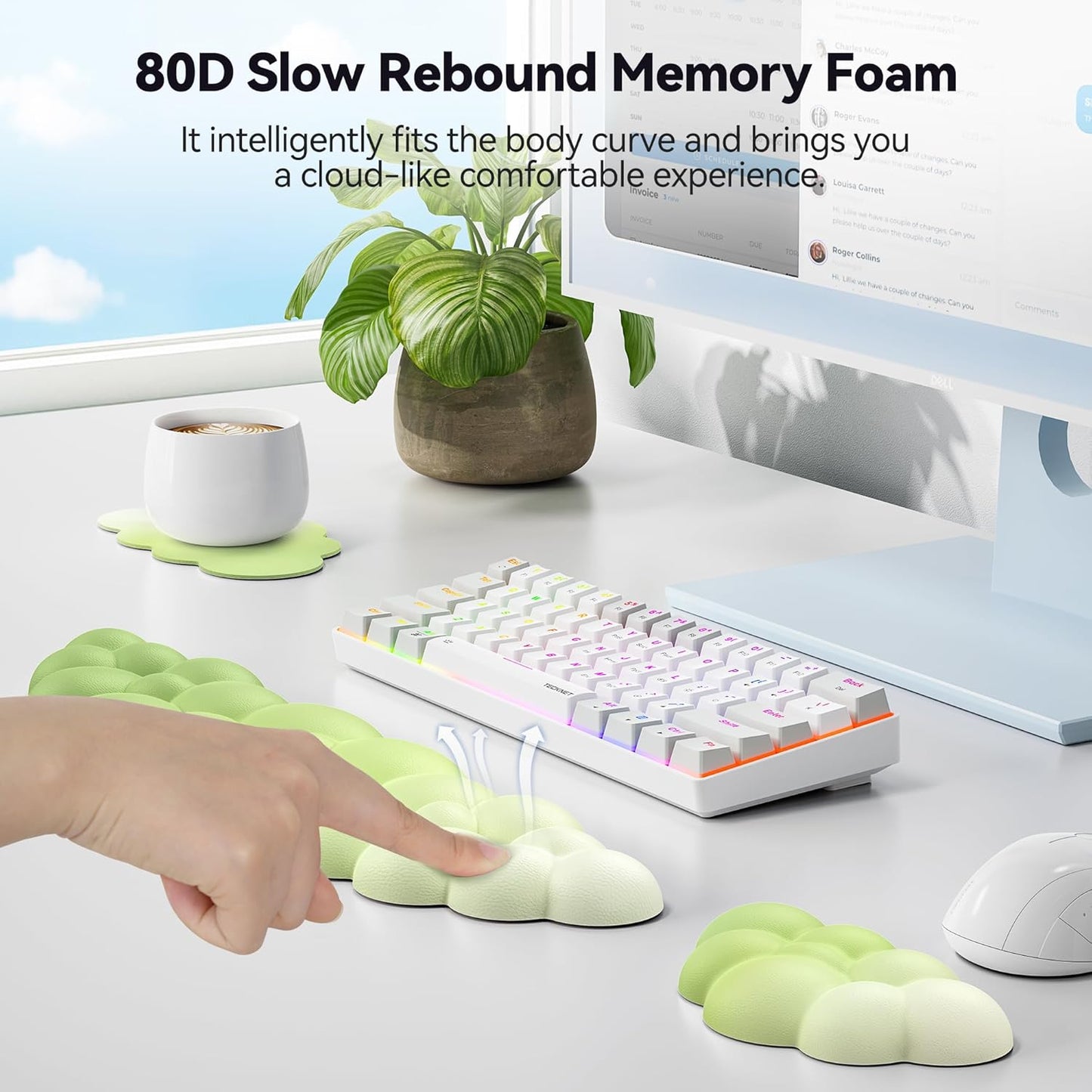 TECKNET Cloud Keyboard Wrist Rest Set, Cloud Wrist Rest with Non-Slip Base, PU Leather Wrist Pad for Keyboard with Ergonomic Memory Foam for Computer Laptop Office Gaming and Pain Relief, White